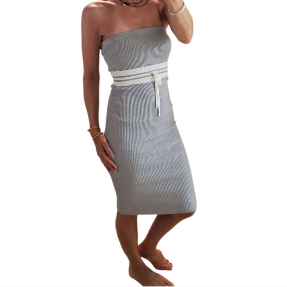 Vintage Guess Strapless Halter Gray Ribbed Sporty Preppy Dress XS